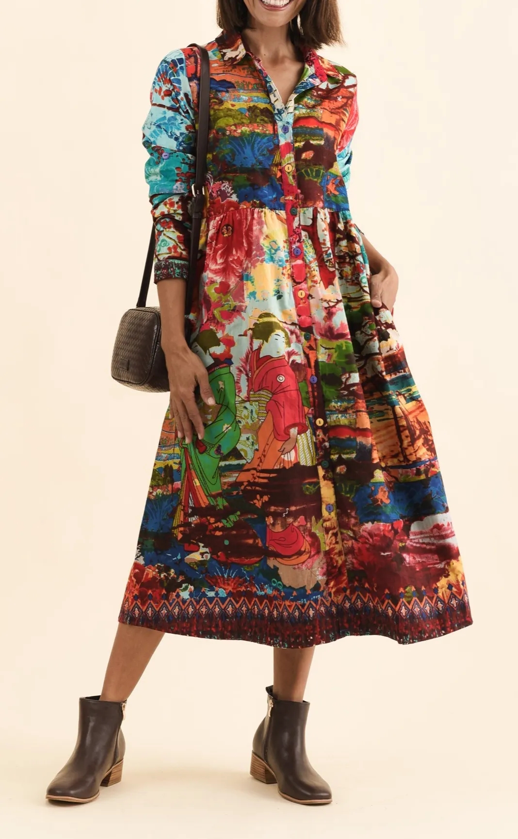 Below-Knee Graphic Cotton Gathered Pocket Collared Long-Sleeve T-Shirt Dress