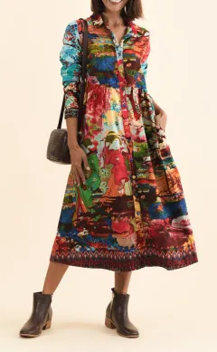 Below-Knee Graphic Cotton Gathered Pocket Collared Long-Sleeve T-Shirt Dress
