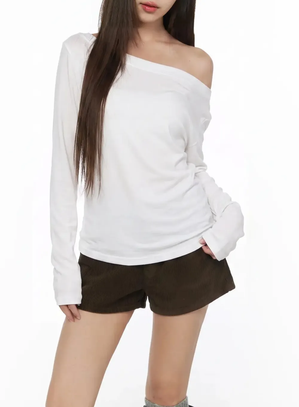 Ribbed Off-The-Shoulder Long Sleeve Top