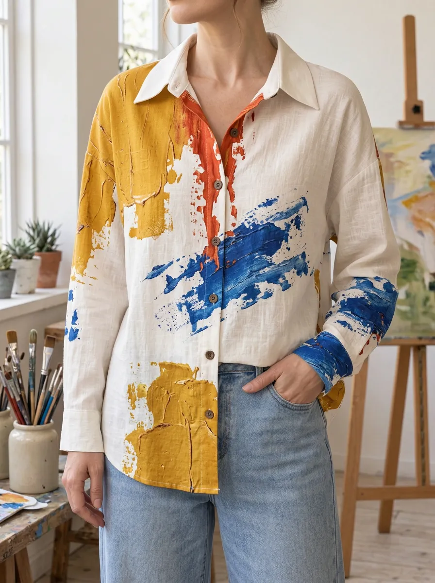 Women's Expressive Artist Abstract Oil Painting Shirt
