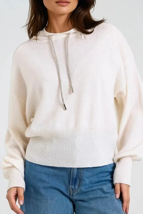 Women's White Drawstring Hooded Sweatshirt