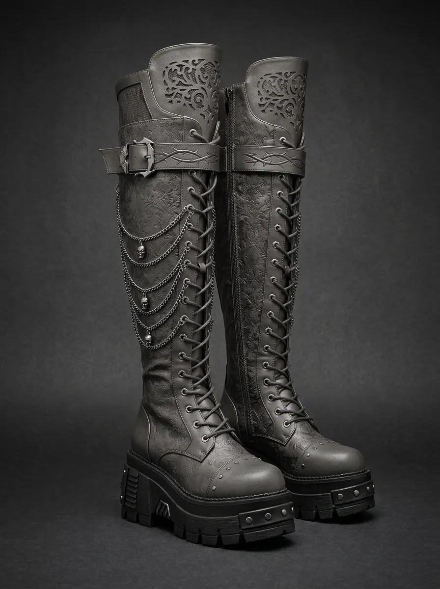 Dark Skull Chain Embossed Darkwear Style Women's Gothic Platform Knee High Boots