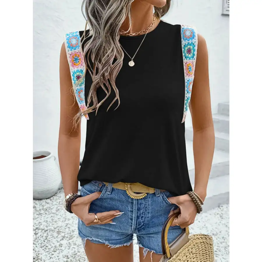 Crochet Hem Round Neck Top