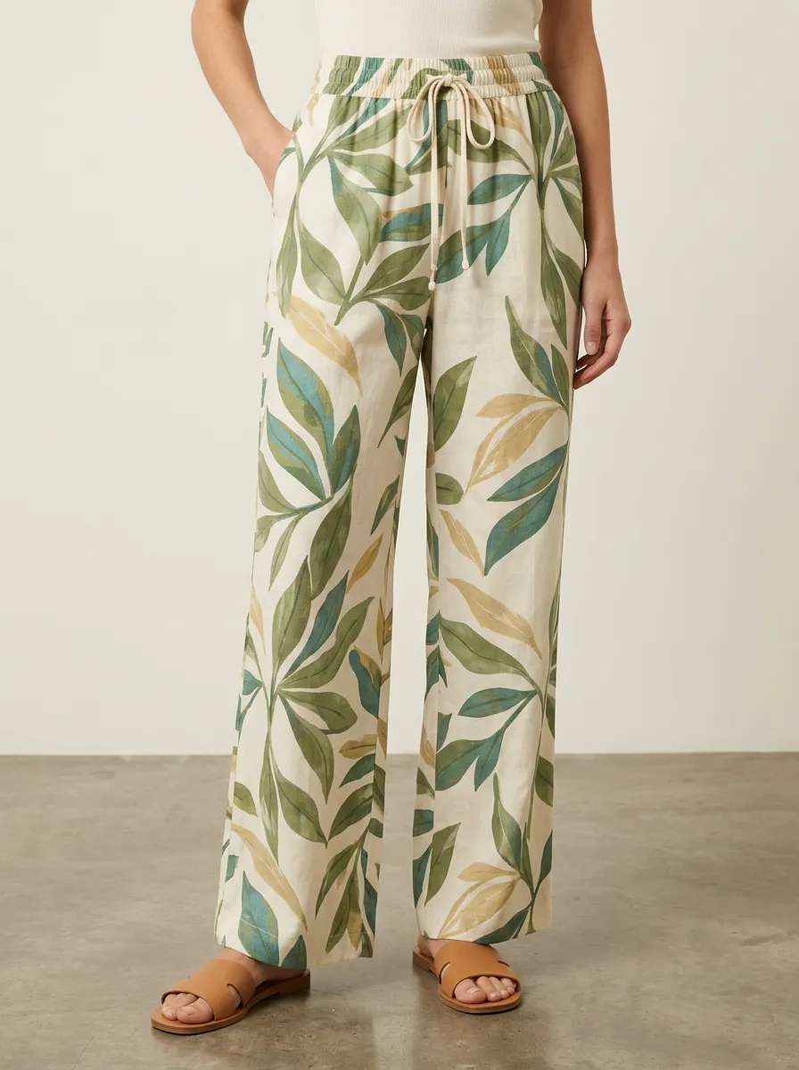 Women's Pattern Rich Botanical Printed Wide Leg Pants
