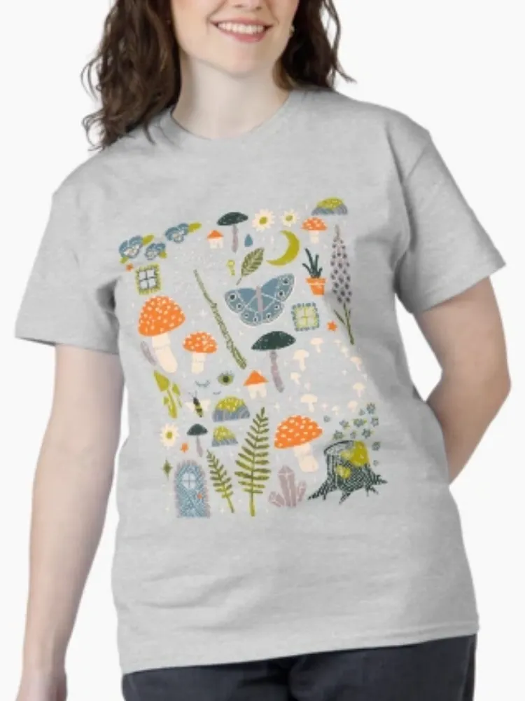 Women's Whimsical Mushroom & Nature Print Crew Neck Short-Sleeve T-Shirt
