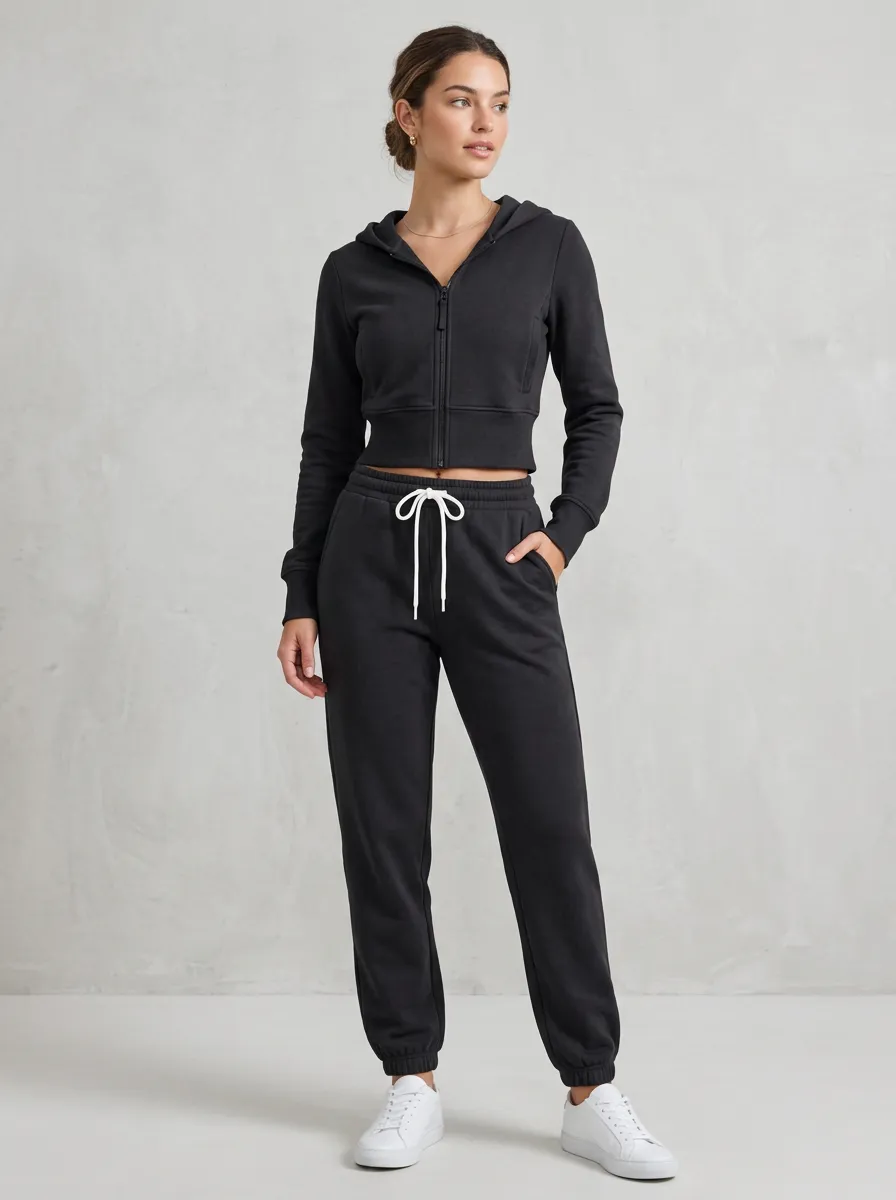 Women's Casual Sporty Black Solid Color Printed Tracksuit Set
