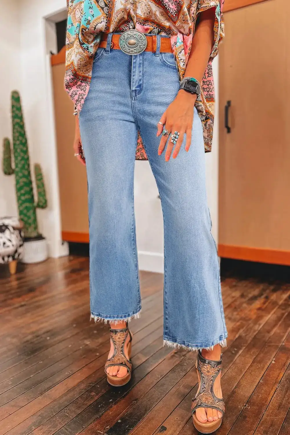 High Waist Flared Raw Hem Washed Casual Jeans