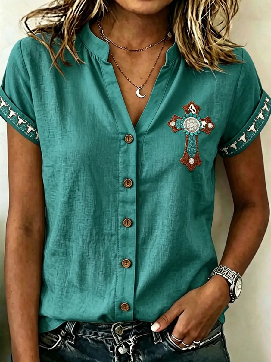 Cross Faith Western-Style Women's V-Neck Shirt