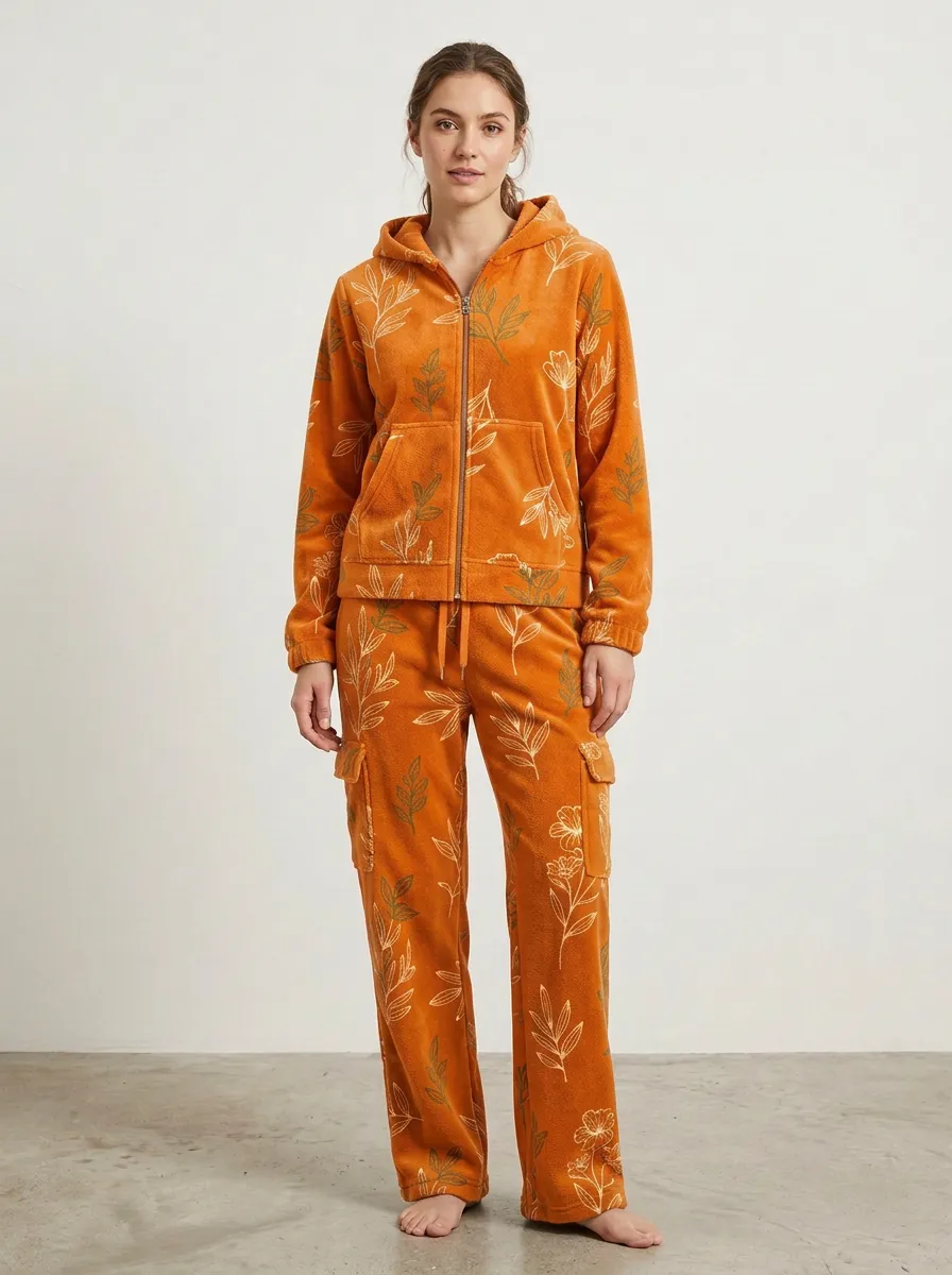 Women's Floral Print Zip-Up Hoodie And Cargo Lounge Set