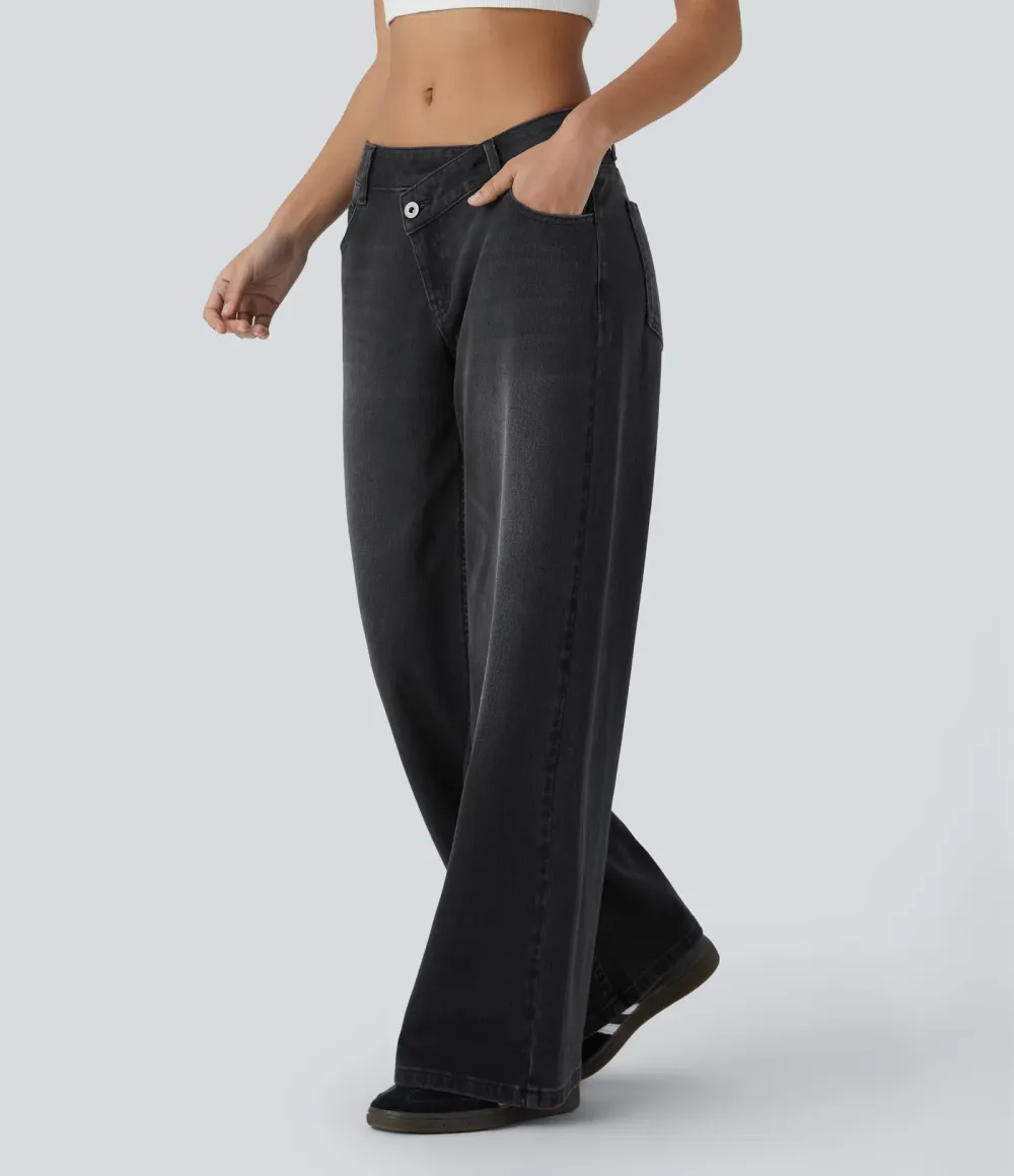 2026🔥  Low-rise wide-leg asymmetric jeans with button, zip, and multiple pockets; stretch knit fabric with a washed finish.