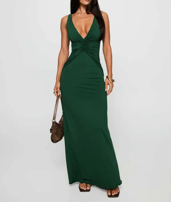 Bubble Texture Plunge Neck Maxi Dress