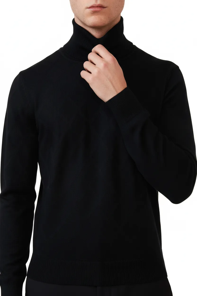 Modern Diamond Pattern Regular Fit Viscose Turtleneck Sweater