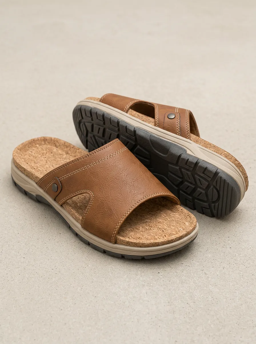 Men's Cork Footbed Faux Leather Casual Slides