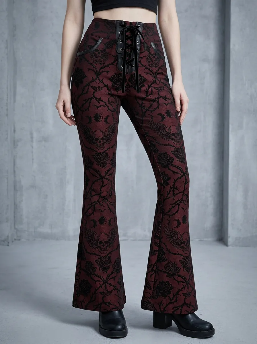 Alternative Skull Rose Moon Dark Look Women's Gothic Flare Pants