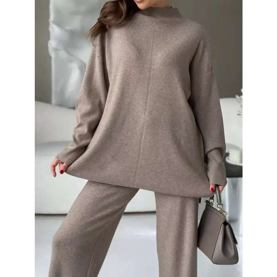 Slit Mock Neck Top and Pants Sweater Set