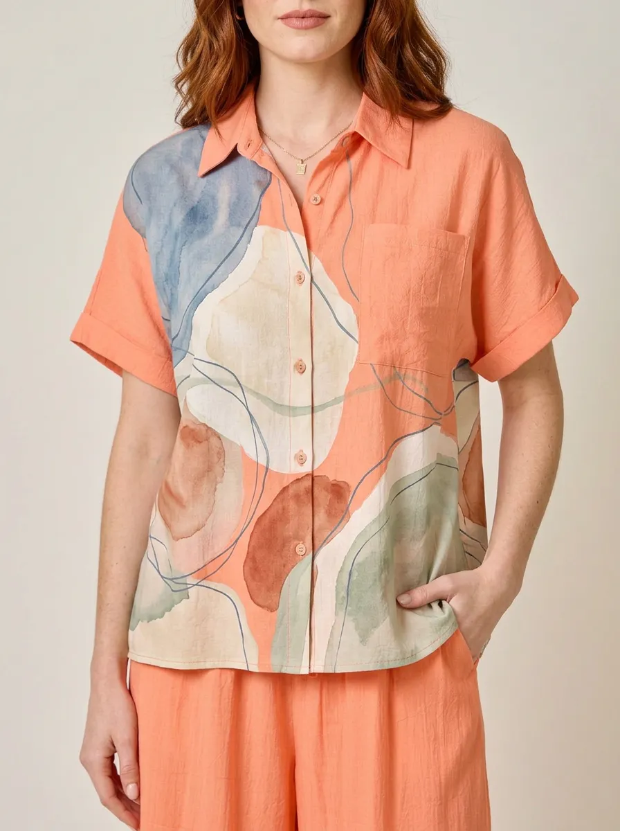 Women's Abstract Art Watercolor Printed Button Down Shirt
