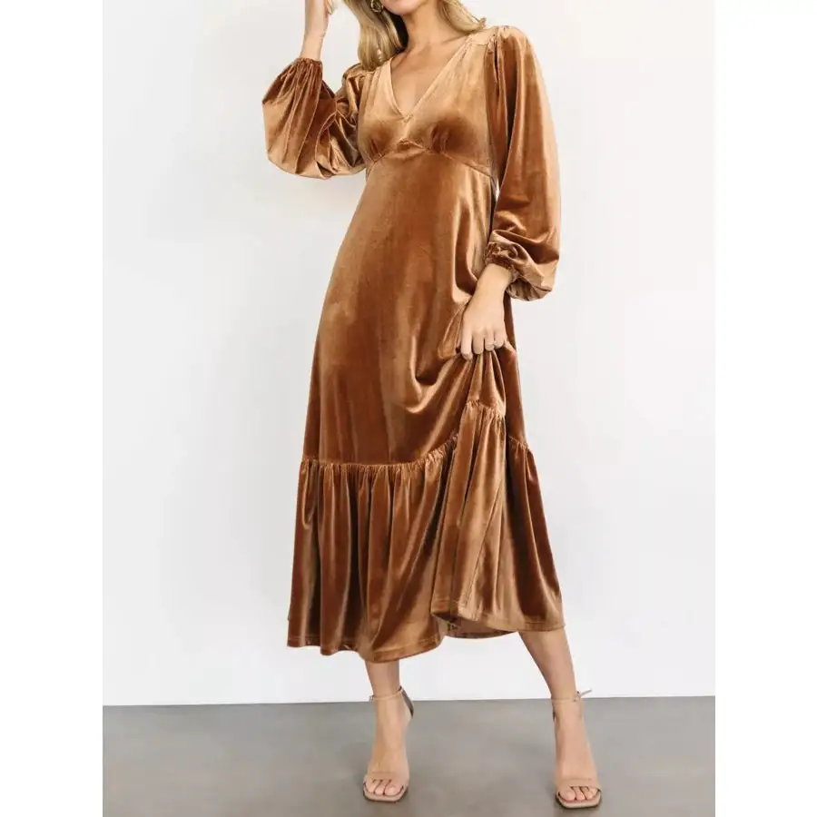 Velvet Tiered Long Sleeve Midi Dress