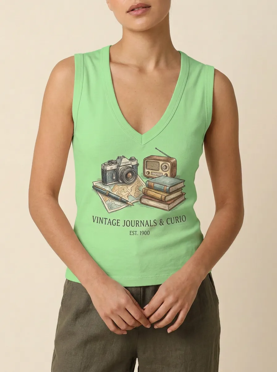 Women's Vintage Travel Hobby Camera Radio Books Printed Tank Top