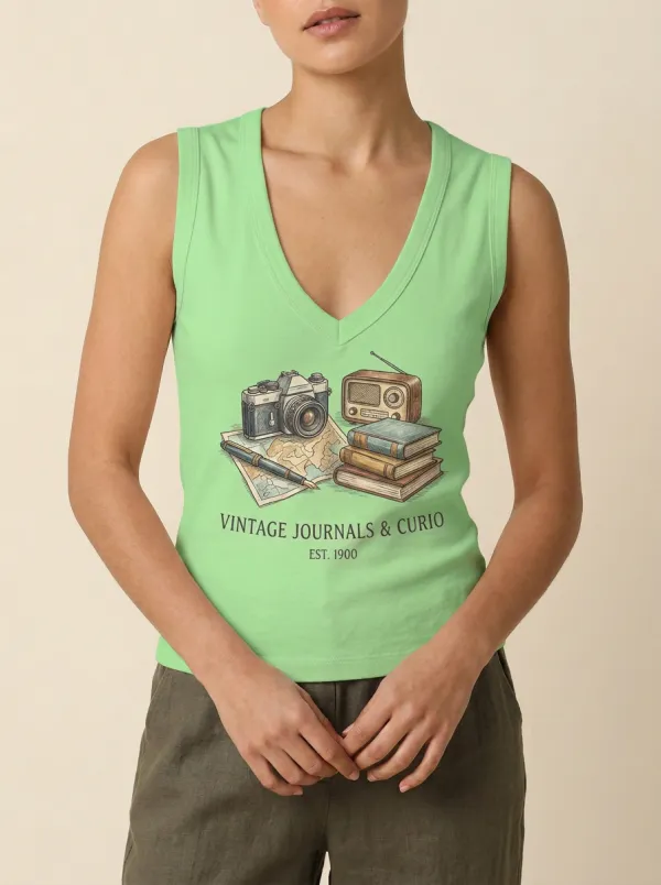 Women's Vintage Travel Hobby Camera Radio Books Printed Tank Top