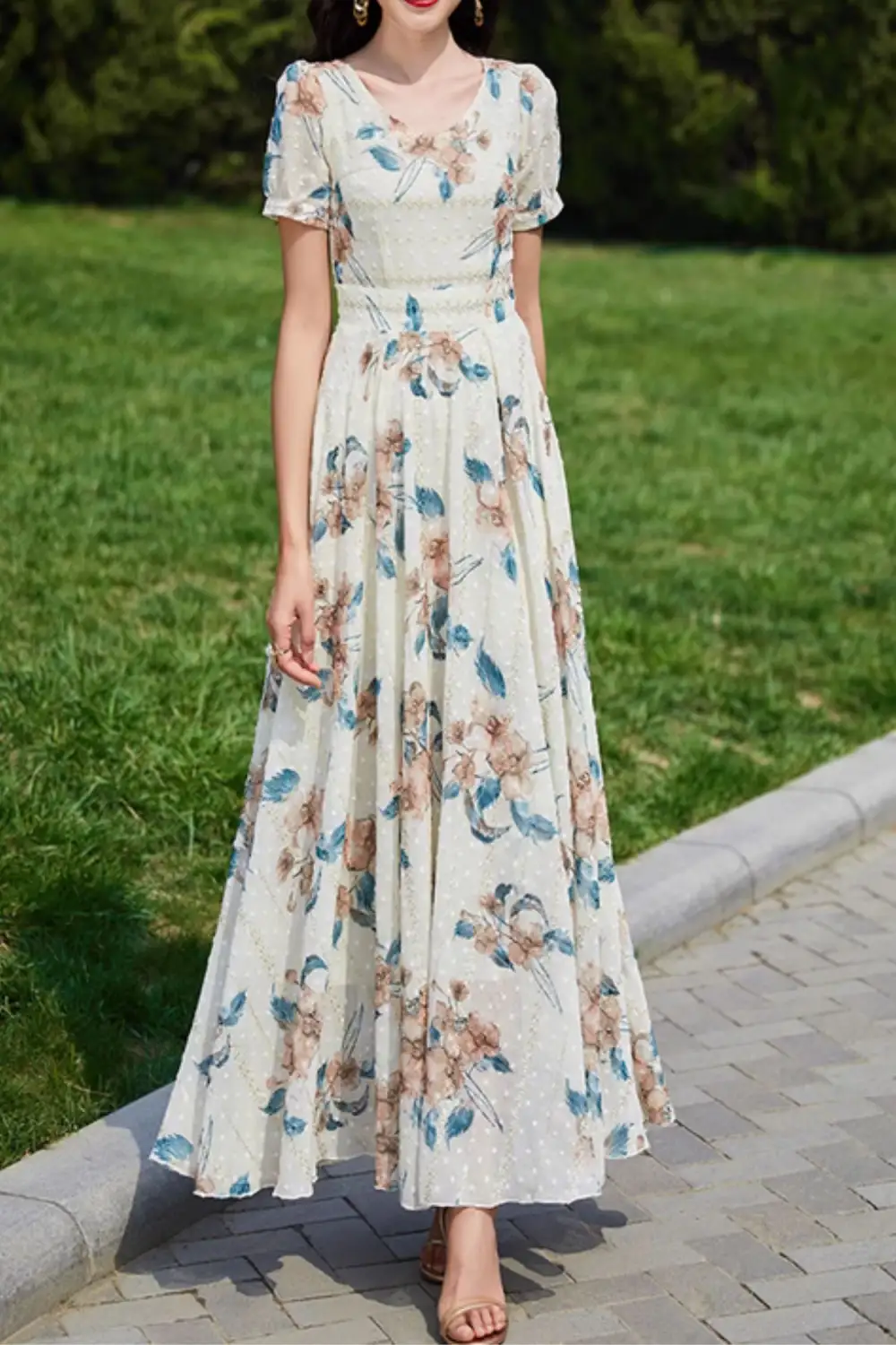 Relaxed Floral Chiffon V Neck Short Sleeve Maxi Dress