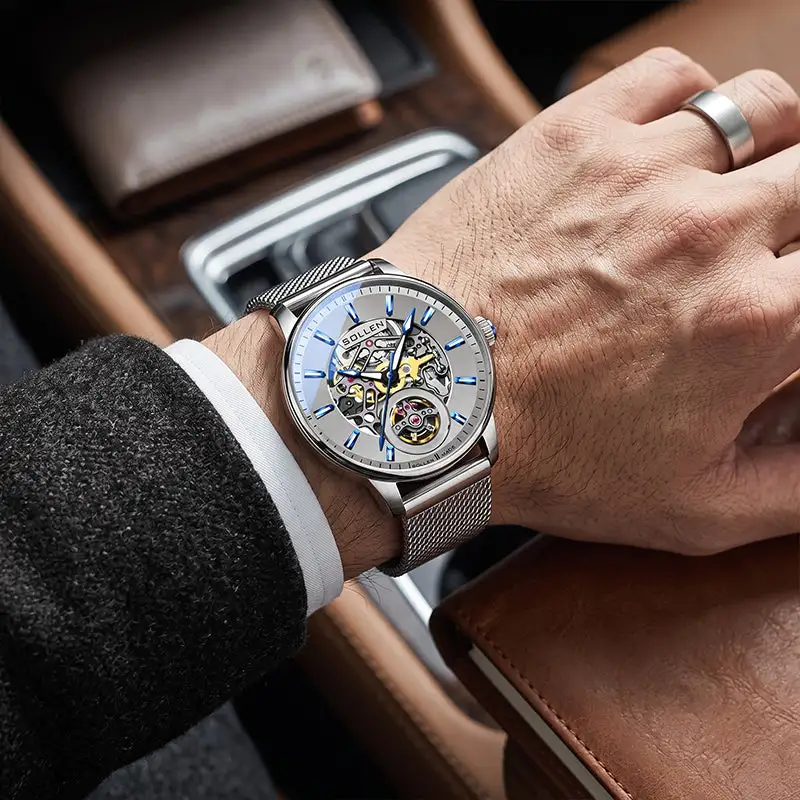 Sollen SL208 Men's Full Skeleton Automatic Mechanical Watch - 42mm Stainless Steel Case Frosted Open Dial Luminous Hands Wristwatch