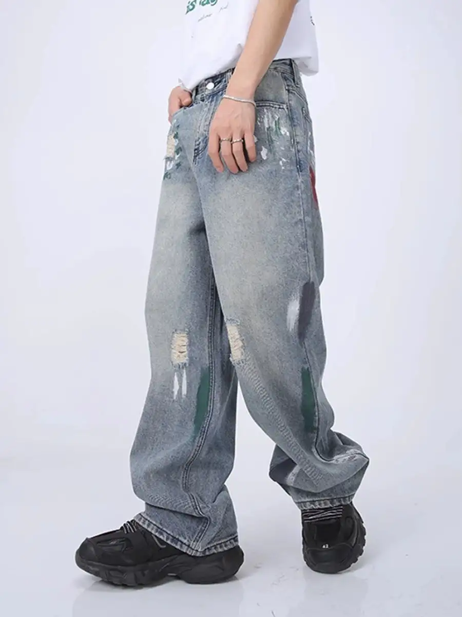 Artistic Distressed Wide-Leg Jeans