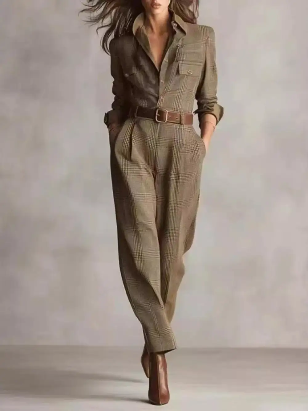 Button Front Long Sleeve Jumpsuit