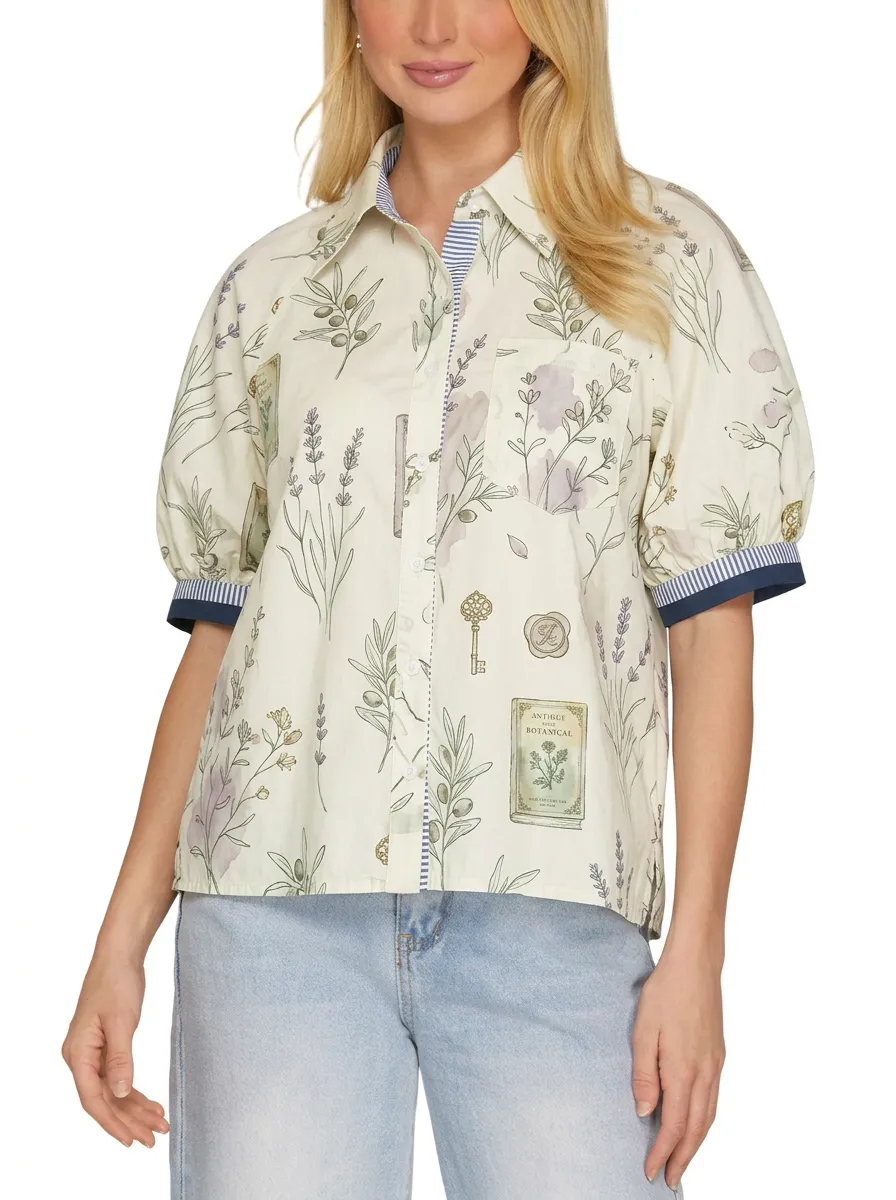 Women's Vintage Botanical Olive Lavender Key Printed Blouse
