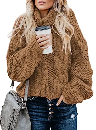 Womens Turtle Cowl Neck Solid Color Soft Comfy Cable Knit Pullover Sweaters S-2XL