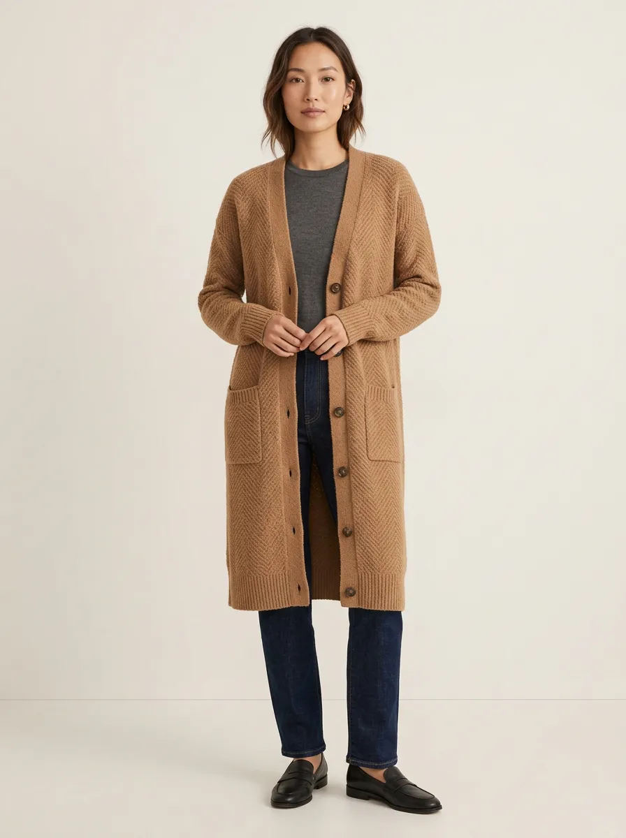 Women's Classic Herringbone Minimal Knit Cardigan