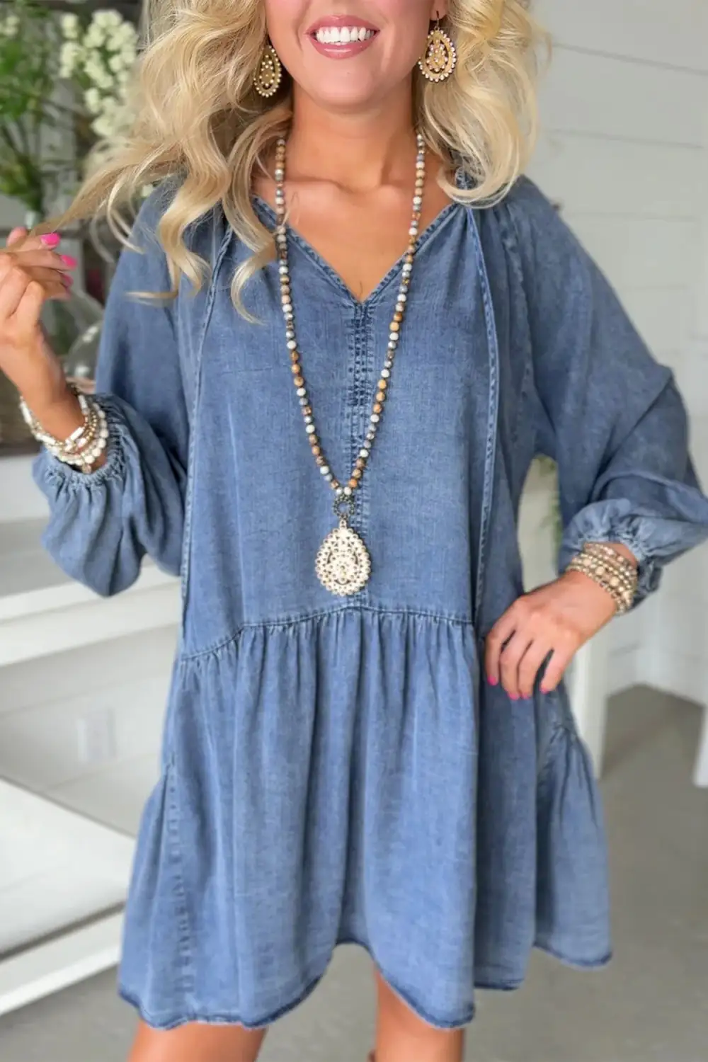 Denim V Neck Ruffle Mini Dress