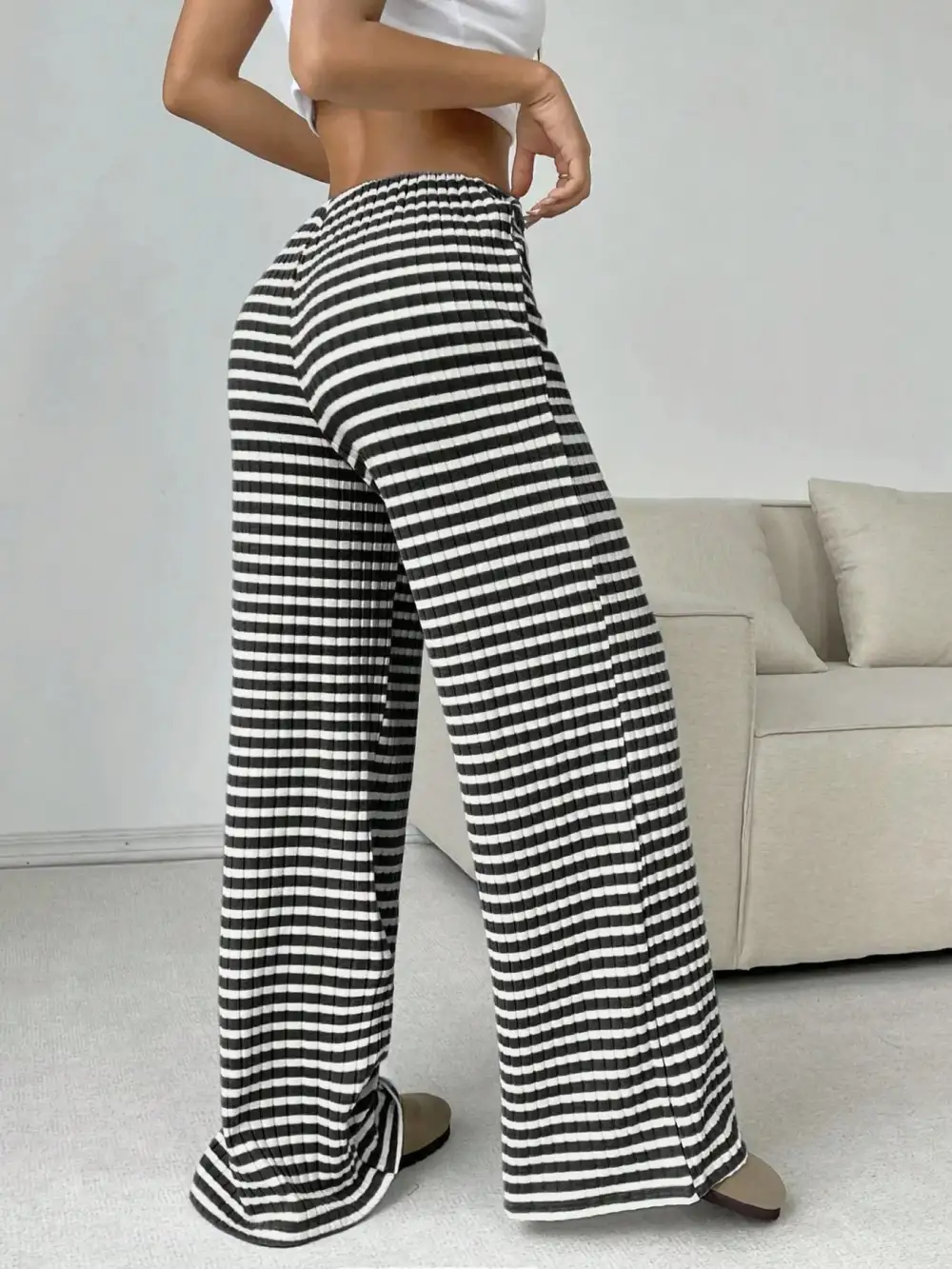 Relaxed Striped Wide Leg Drawstring Pants