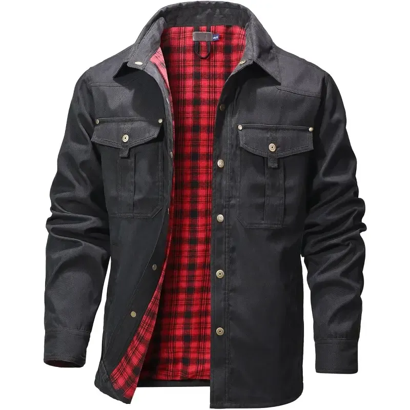 Men's Classic Casual Plaid Flannel-Lined Shirt Jacket – Twill Fabric
