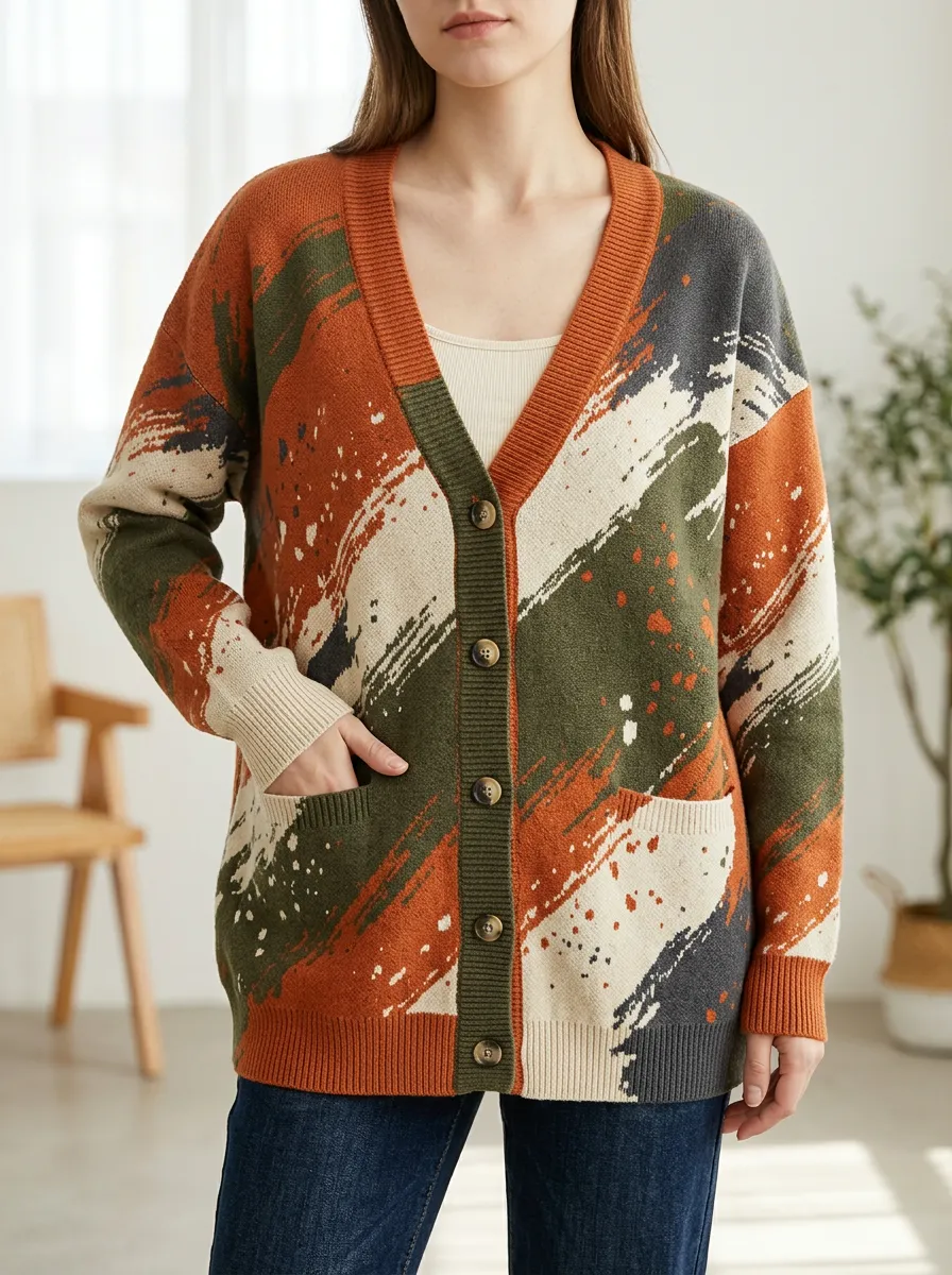Women's Abstract Brushstroke Pattern Printed V-Neck Easygoing Everyday Cardigan