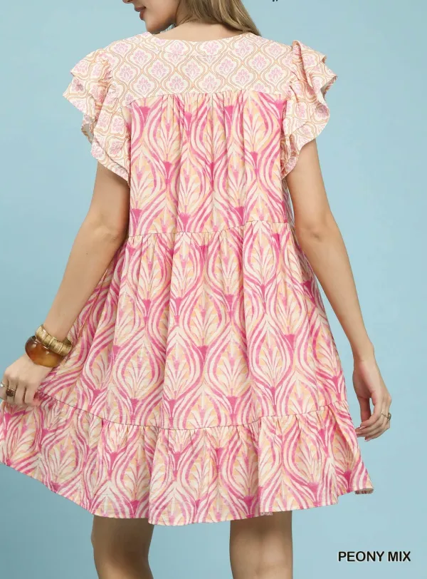 Mix Printed Flutter Sleeve Tiered Ruffle Dress