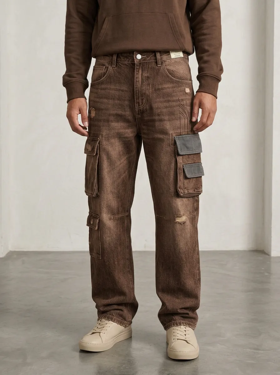 Men's Canyon Streetwear Distressed Denim Multi-Pocket Cargo Jeans