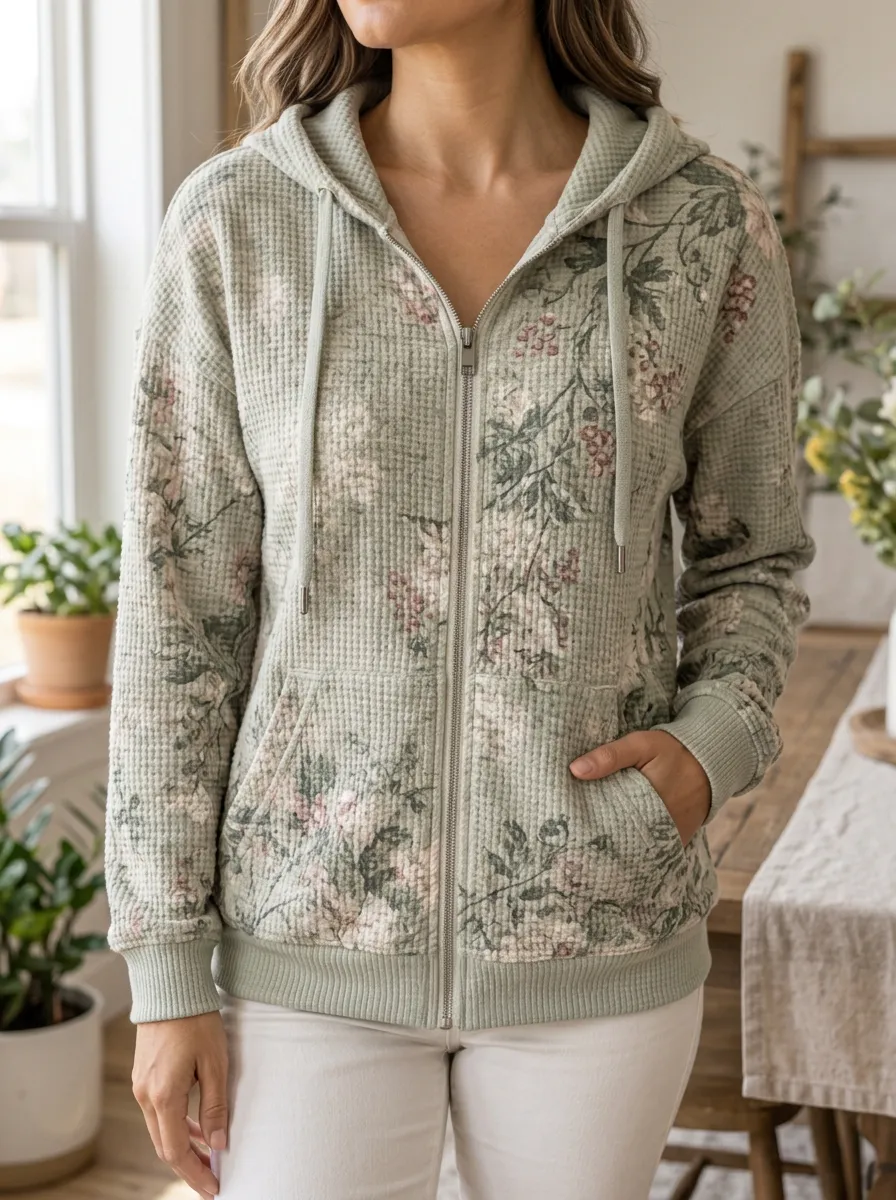Women's Sage Floral Signature Print Waffle Zip-Up Hoodie
