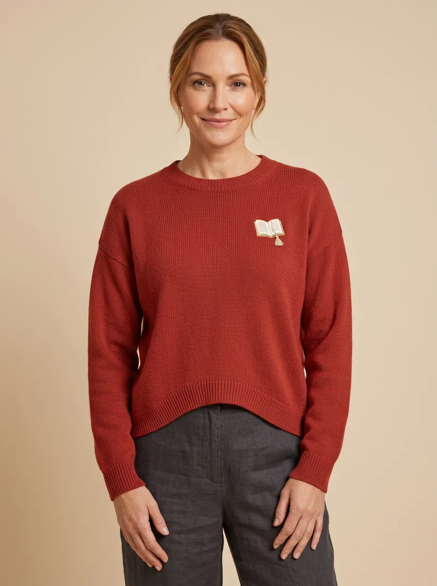 Women's Rust Embroidered Book Motif Crewneck Sweater