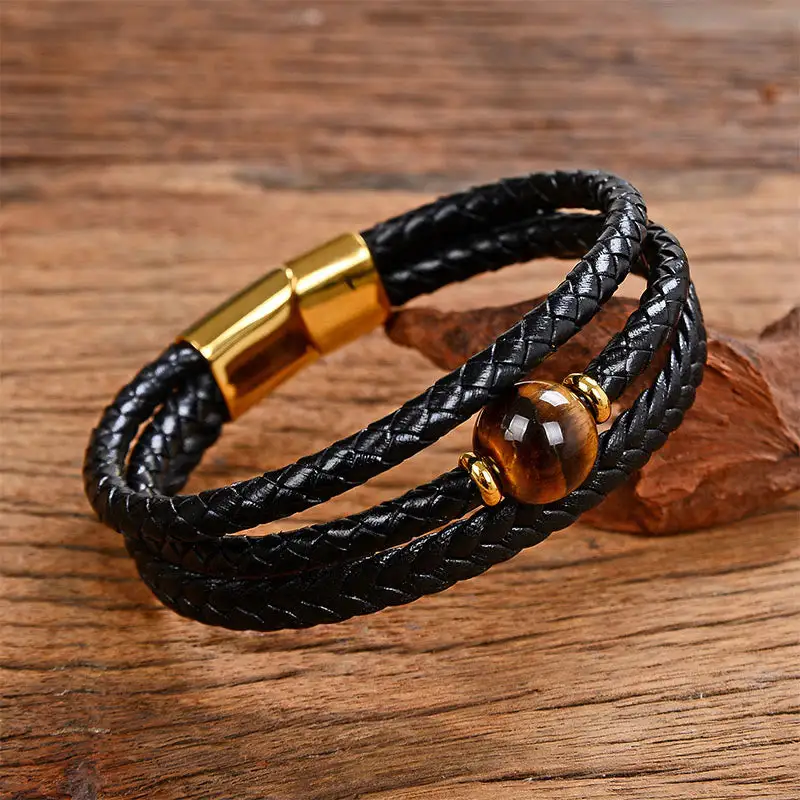 Bead Tiger Eye Amethyst Craved Leather Bracelet