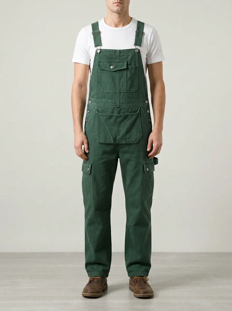 Men's Casual Utility Green Cargo Bib Overalls