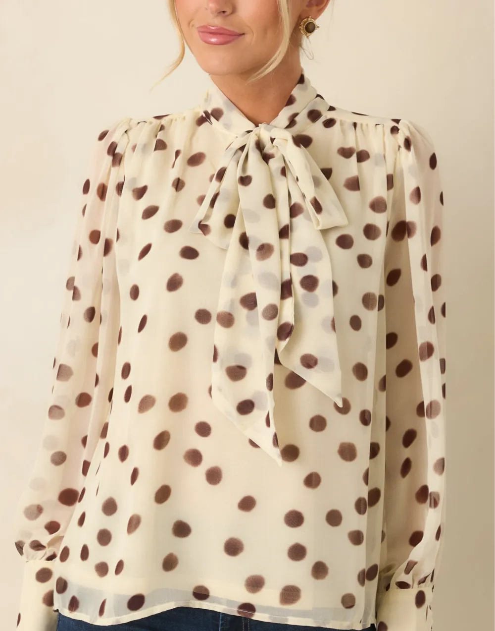 Tie-Neck Long-Sleeve Bow-Detail Polka-Dot Blouse