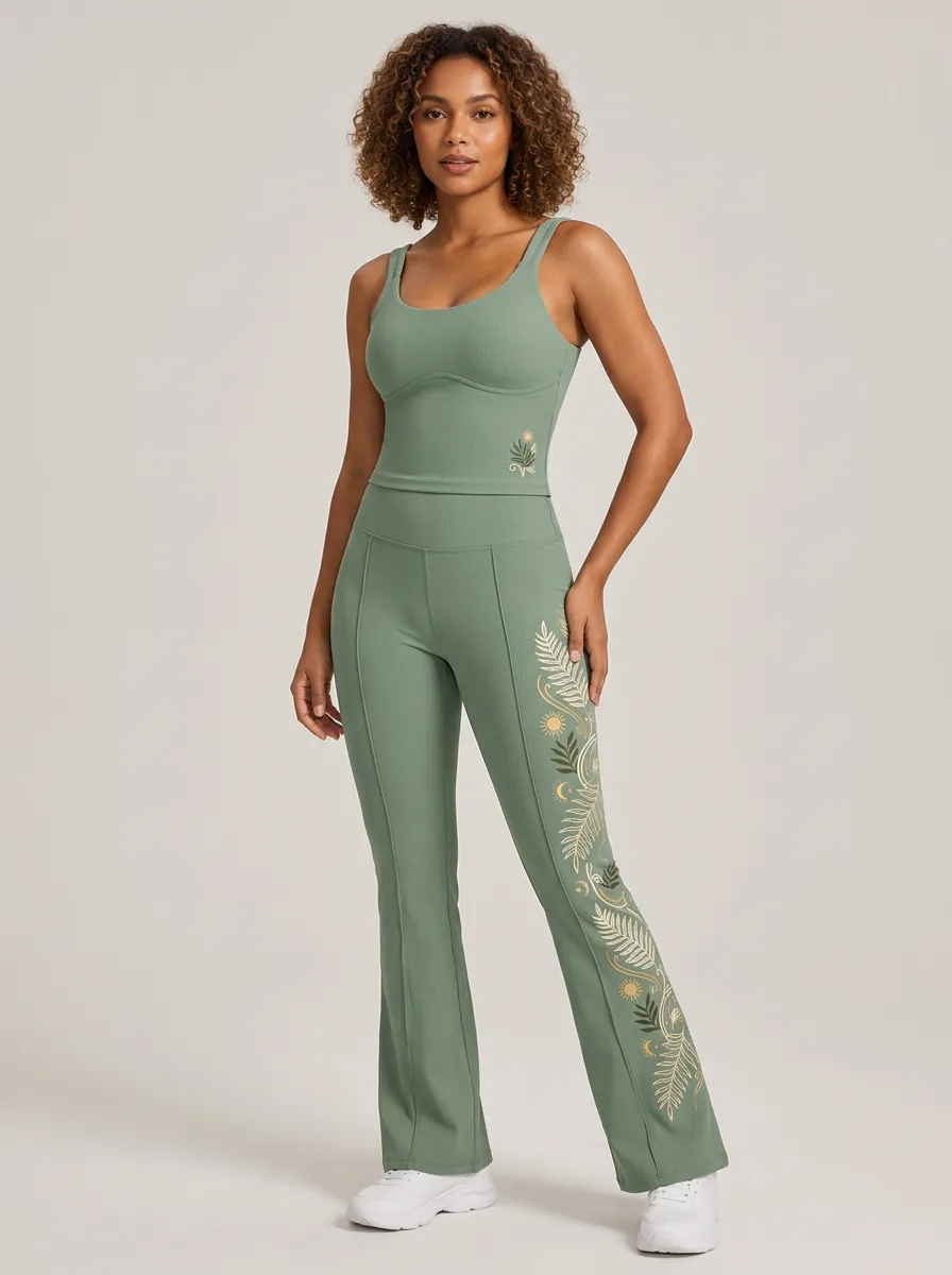 Women's Yoga Lover Celestial Fern Printed Ribbed Set