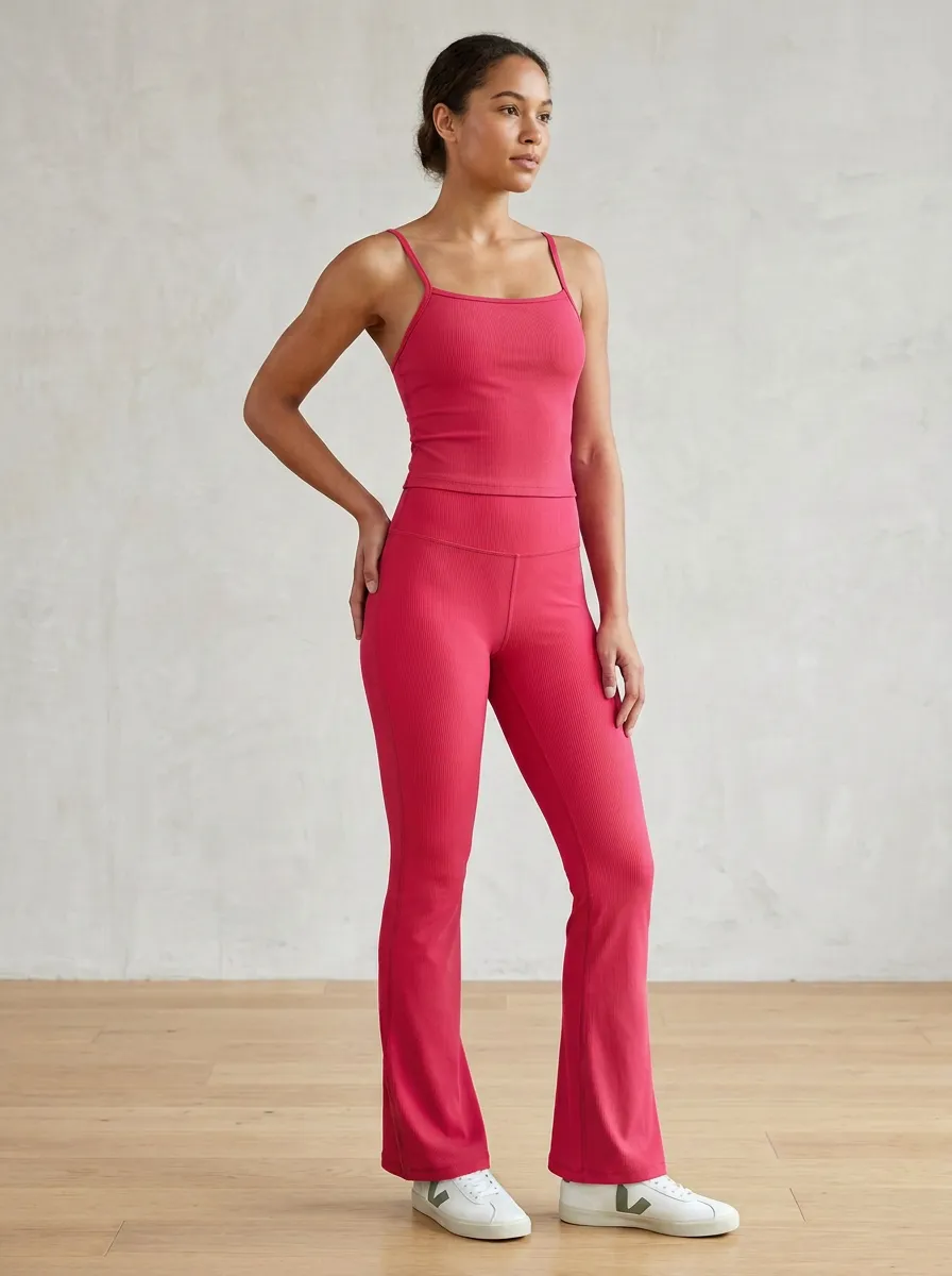 Women's Sage Green Ribbed Yoga Tank and Flared Leggings Set