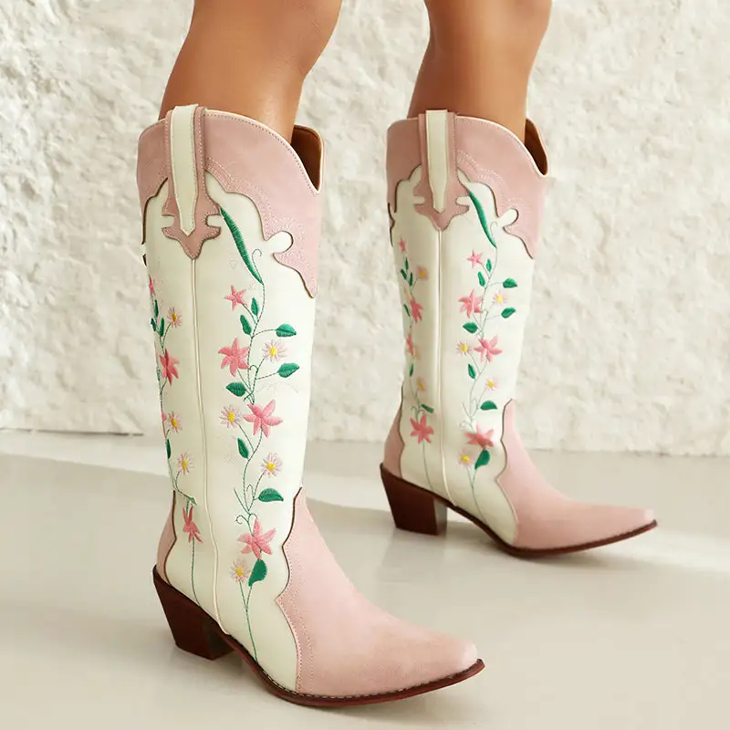 Flower Embroidery Patchwork Western Boots