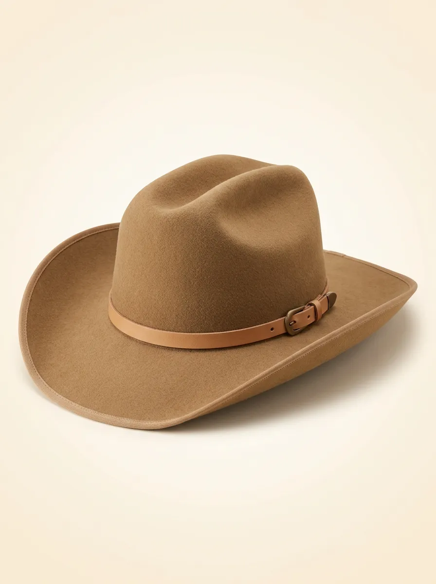 Brown Felt Cowboy Hat with Leather Buckle Band