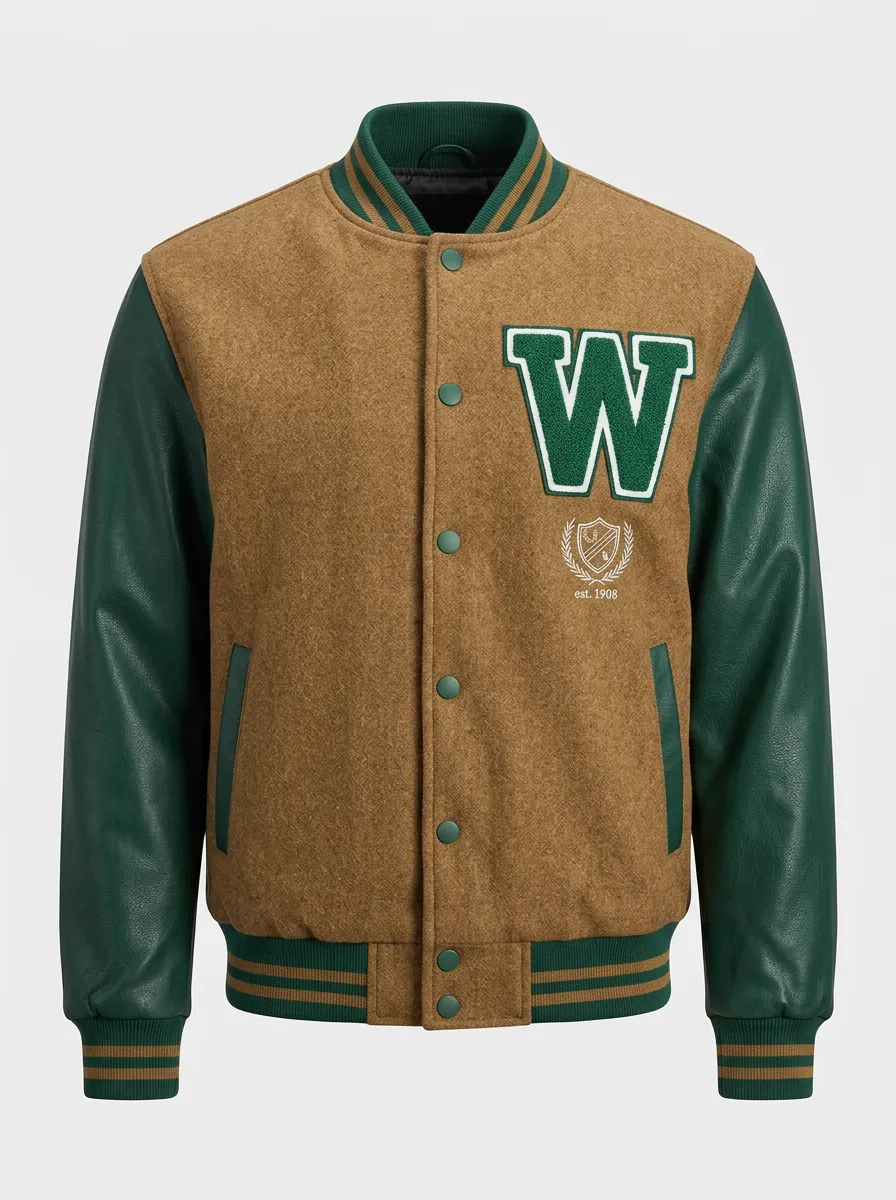 Men's Letter W Emblem Embroidered Wool Baseball Jacket