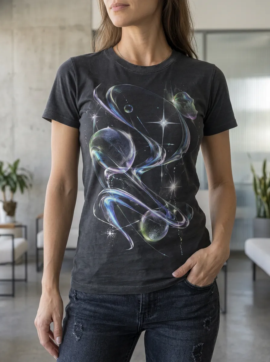 Women's Stellar Abstract Space Galaxy Bubbles Crew Neck T-Shirt