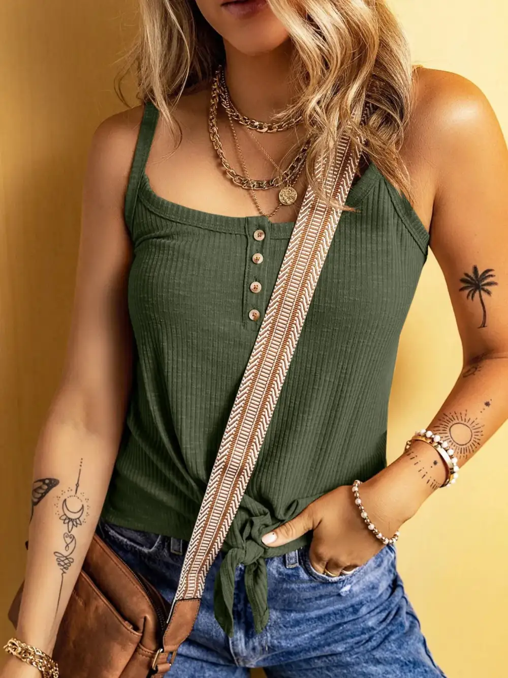 Ribbed Button-Front Tie Hem Cami Tank Top