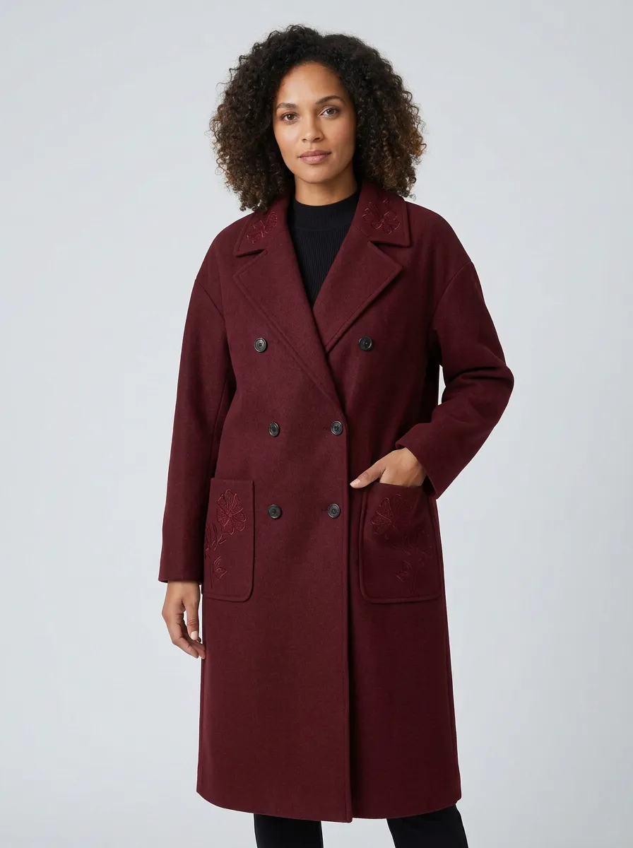 Women's Floral Embroidered Gray Double-Breasted Wool Coat