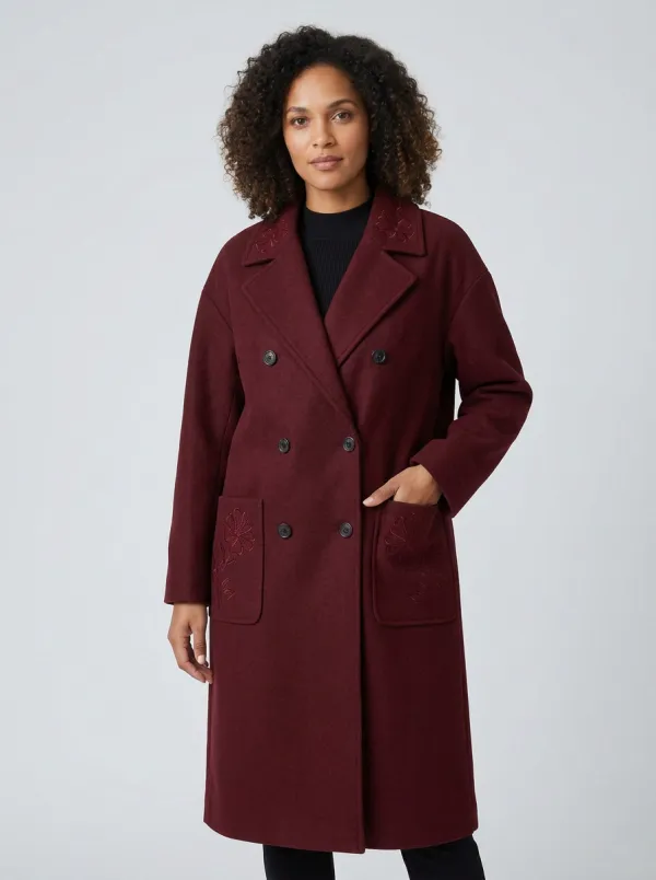 Women's Floral Embroidered Gray Double-Breasted Wool Coat